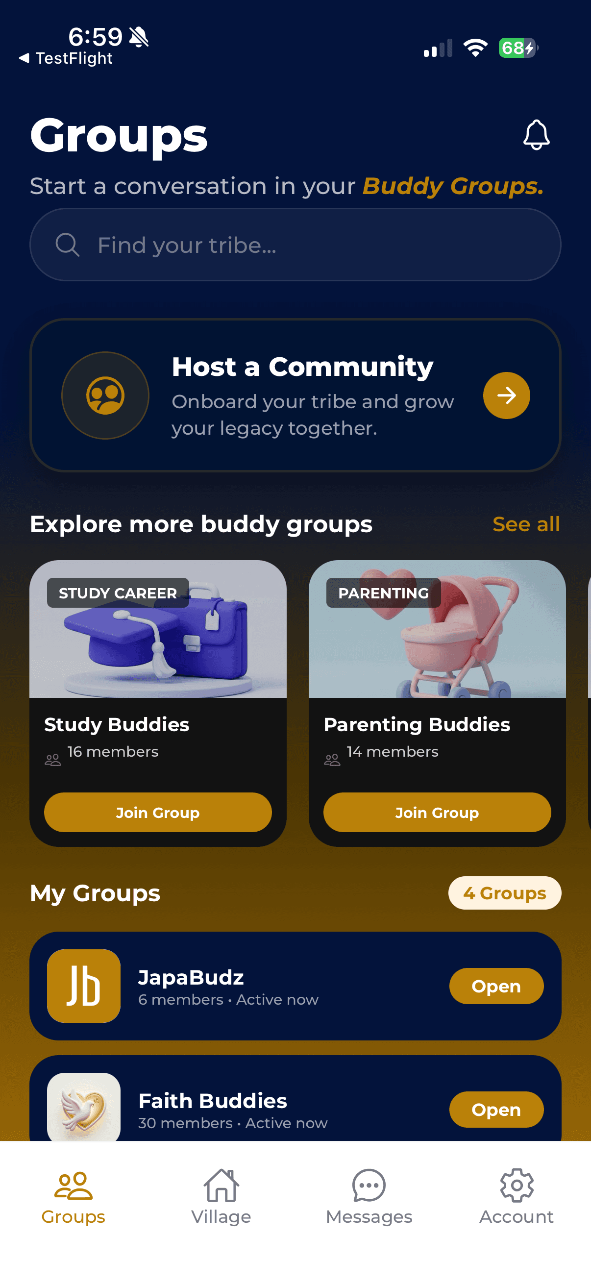 Japabudz Groups app screen